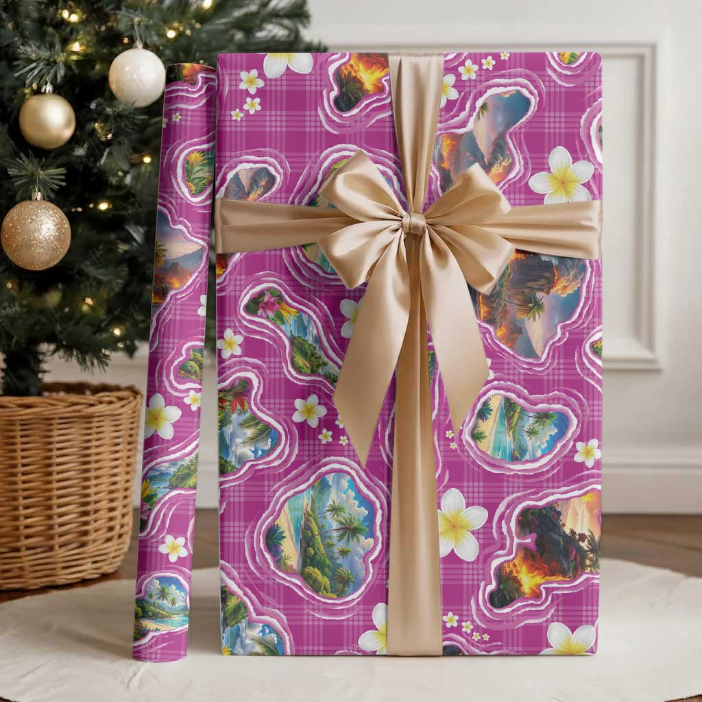 Hawaiian Island Shapes-Iconic Landscape Wrapping Paper with Plumeria and Palaka Pink Color