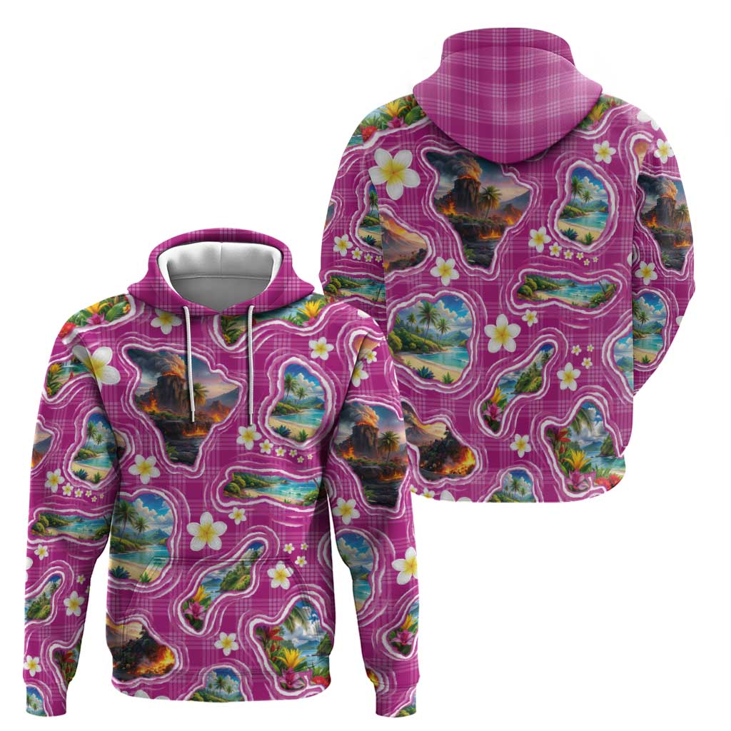 Hawaiian Island Shapes-Iconic Landscape Zip Hoodie with Plumeria and Palaka Pink Color