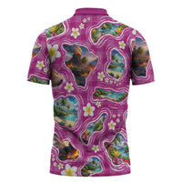Hawaiian Island Shapes-Iconic Landscape Zipper Polo Shirt with Plumeria and Palaka Pink Color