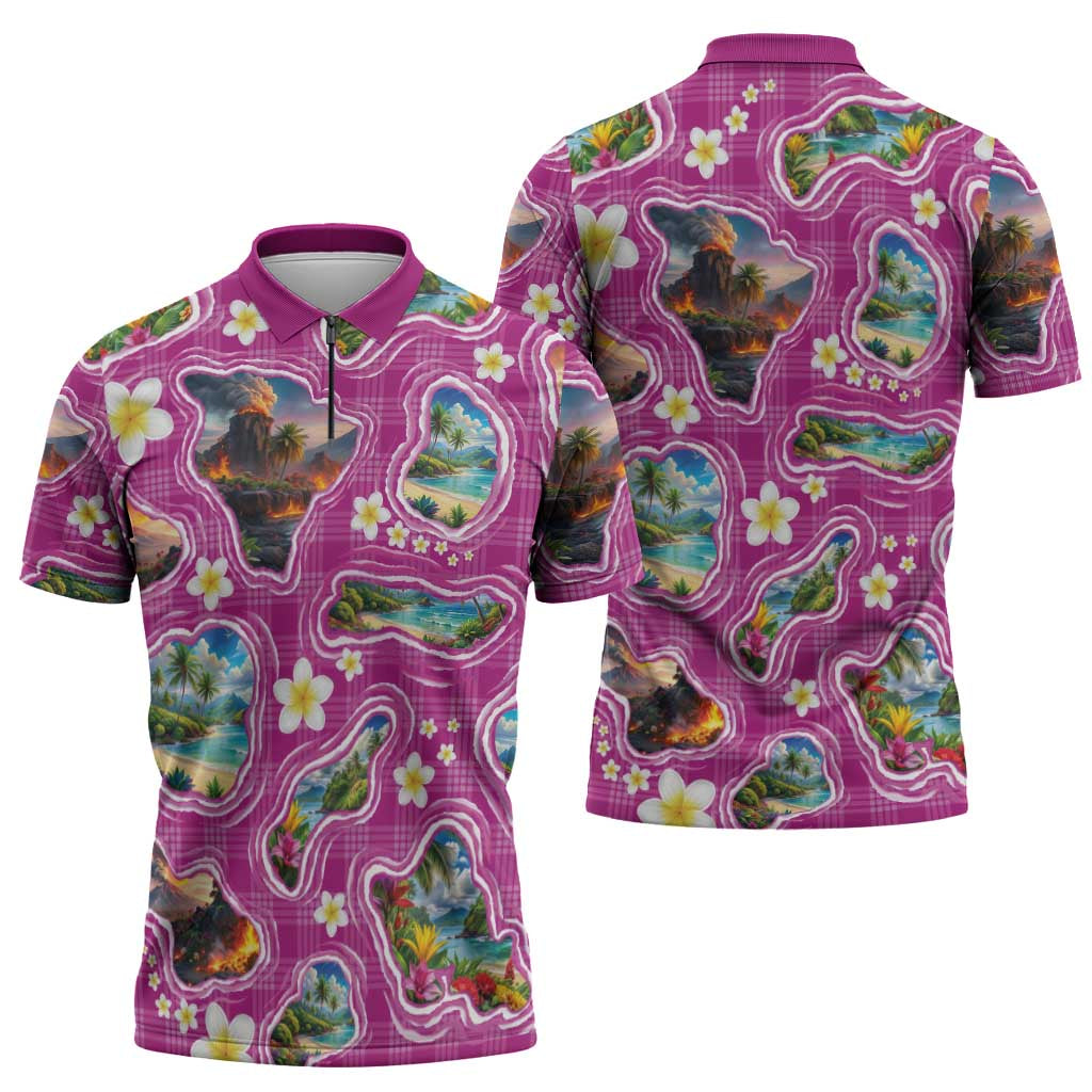 Hawaiian Island Shapes-Iconic Landscape Zipper Polo Shirt with Plumeria and Palaka Pink Color