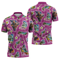 Hawaiian Island Shapes-Iconic Landscape Zipper Polo Shirt with Plumeria and Palaka Pink Color