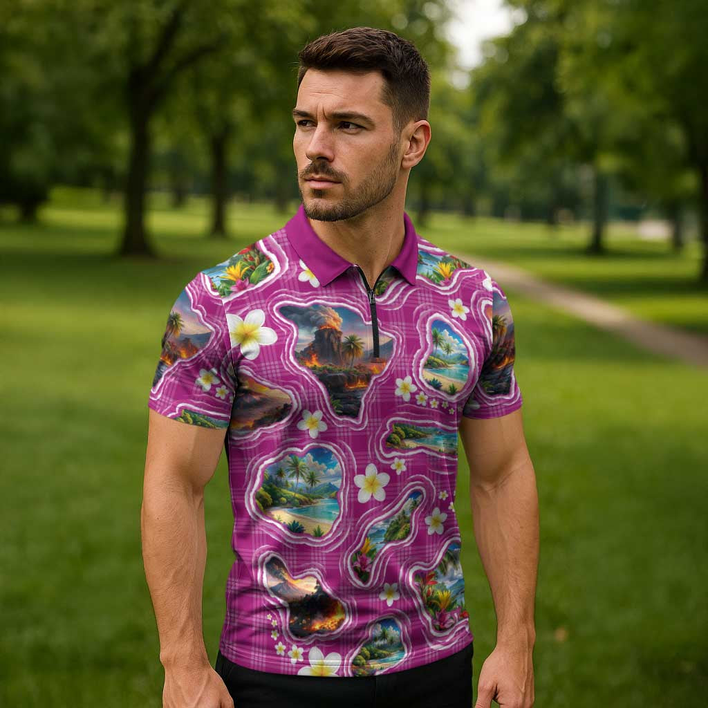 Hawaiian Island Shapes-Iconic Landscape Zipper Polo Shirt with Plumeria and Palaka Pink Color