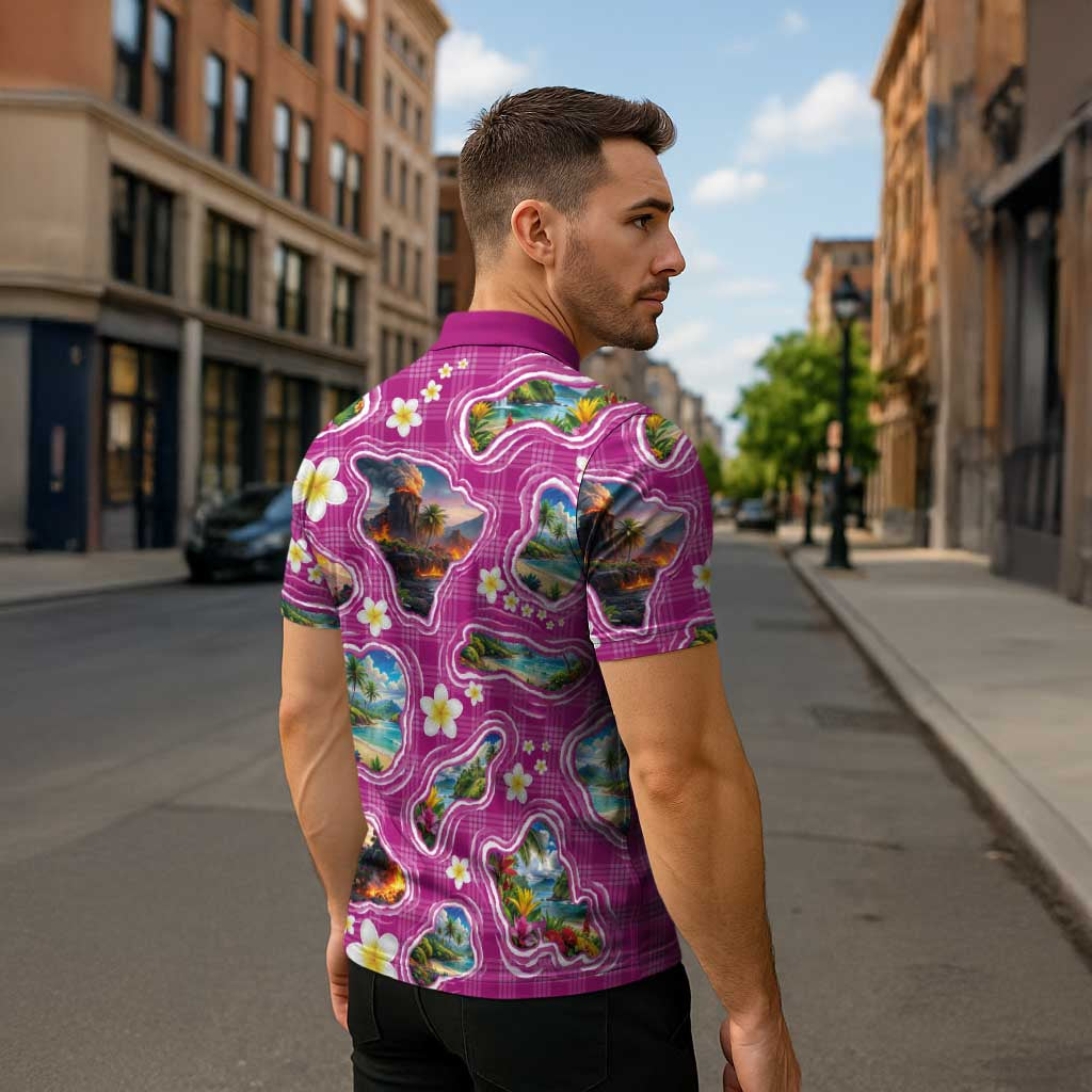 Hawaiian Island Shapes-Iconic Landscape Zipper Polo Shirt with Plumeria and Palaka Pink Color