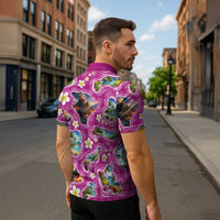 Hawaiian Island Shapes-Iconic Landscape Zipper Polo Shirt with Plumeria and Palaka Pink Color