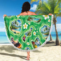 Hawaii Map with Plumeria Flower and Palaka Pattern Beach Blanket Tropical Island Green Design