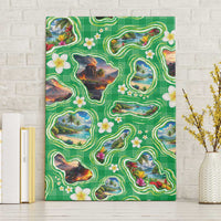 Hawaii Map with Plumeria Flower and Palaka Pattern Canvas Wall Art Tropical Island Green Design