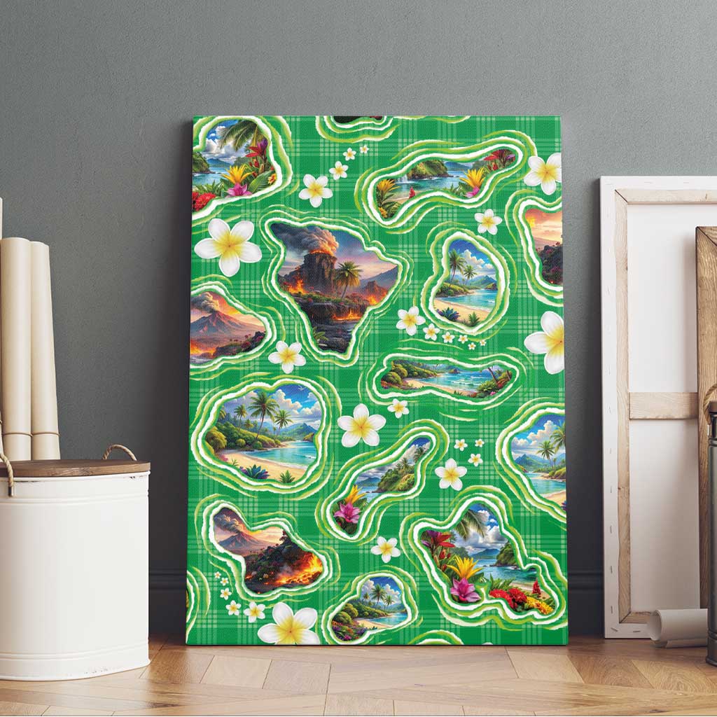 Hawaii Map with Plumeria Flower and Palaka Pattern Canvas Wall Art Tropical Island Green Design