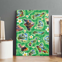 Hawaii Map with Plumeria Flower and Palaka Pattern Canvas Wall Art Tropical Island Green Design