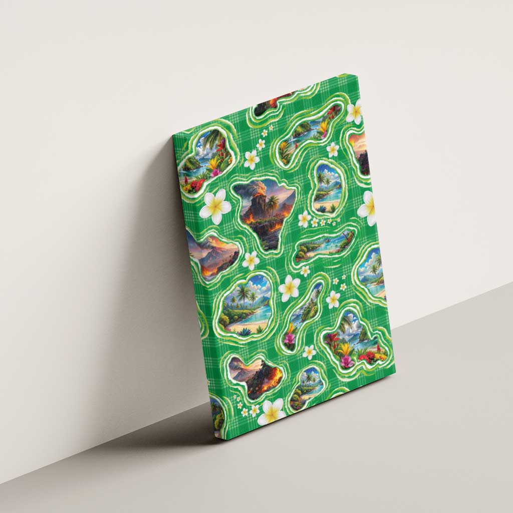 Hawaii Map with Plumeria Flower and Palaka Pattern Canvas Wall Art Tropical Island Green Design