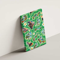 Hawaii Map with Plumeria Flower and Palaka Pattern Canvas Wall Art Tropical Island Green Design