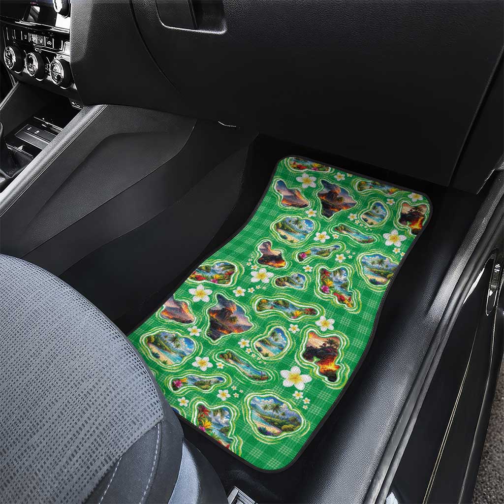 Hawaii Map with Plumeria Flower and Palaka Pattern Car Mats Tropical Island Green Design