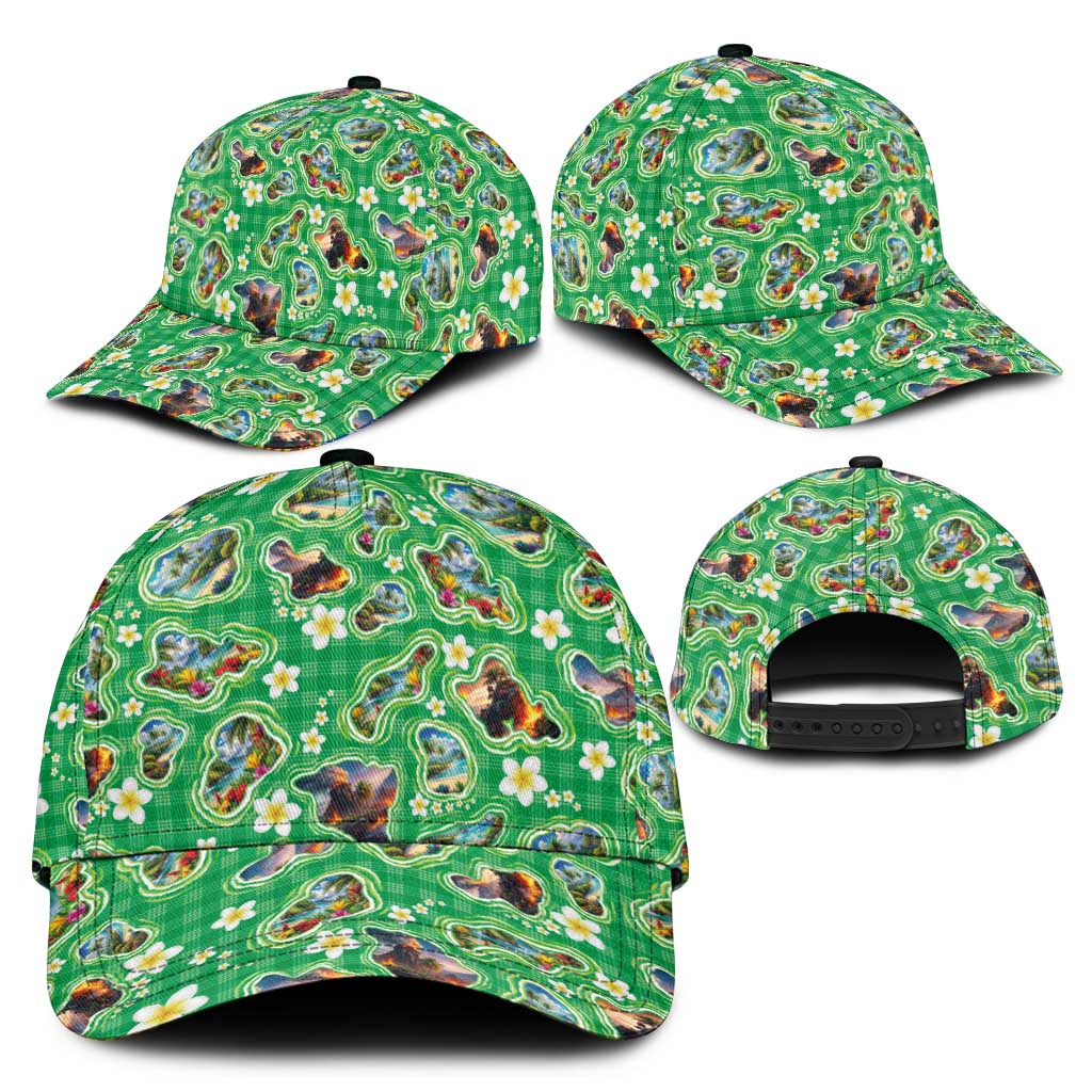 Hawaii Map with Plumeria Flower and Palaka Pattern Classic Cap Tropical Island Green Design