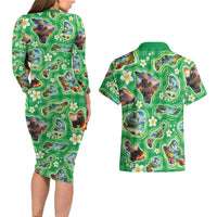 Hawaii Map with Plumeria Flower and Palaka Pattern Couples Matching Long Sleeve Bodycon Dress and Hawaiian Shirt Tropical Island Green Design
