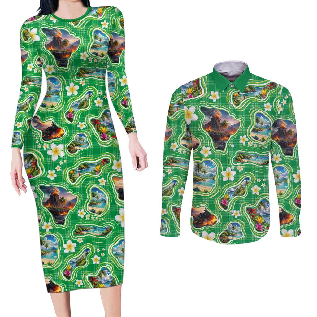 Hawaii Map with Plumeria Flower and Palaka Pattern Couples Matching Long Sleeve Bodycon Dress and Long Sleeve Button Shirt Tropical Island Green Design LT03 Green - Polynesian Pride