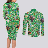 Hawaii Map with Plumeria Flower and Palaka Pattern Couples Matching Long Sleeve Bodycon Dress and Long Sleeve Button Shirt Tropical Island Green Design LT03 - Polynesian Pride