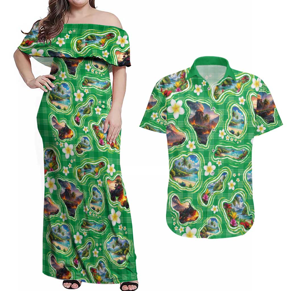 Hawaii Map with Plumeria Flower and Palaka Pattern Couples Matching Off Shoulder Maxi Dress and Hawaiian Shirt Tropical Island Green Design