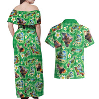 Hawaii Map with Plumeria Flower and Palaka Pattern Couples Matching Off Shoulder Maxi Dress and Hawaiian Shirt Tropical Island Green Design