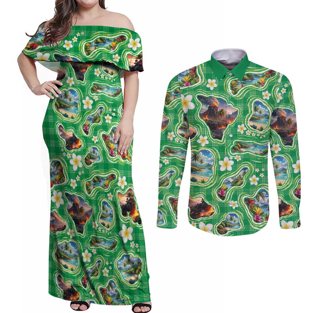 Hawaii Map with Plumeria Flower and Palaka Pattern Couples Matching Off Shoulder Maxi Dress and Long Sleeve Button Shirt Tropical Island Green Design
