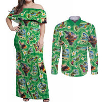 Hawaii Map with Plumeria Flower and Palaka Pattern Couples Matching Off Shoulder Maxi Dress and Long Sleeve Button Shirt Tropical Island Green Design LT03 Green - Polynesian Pride