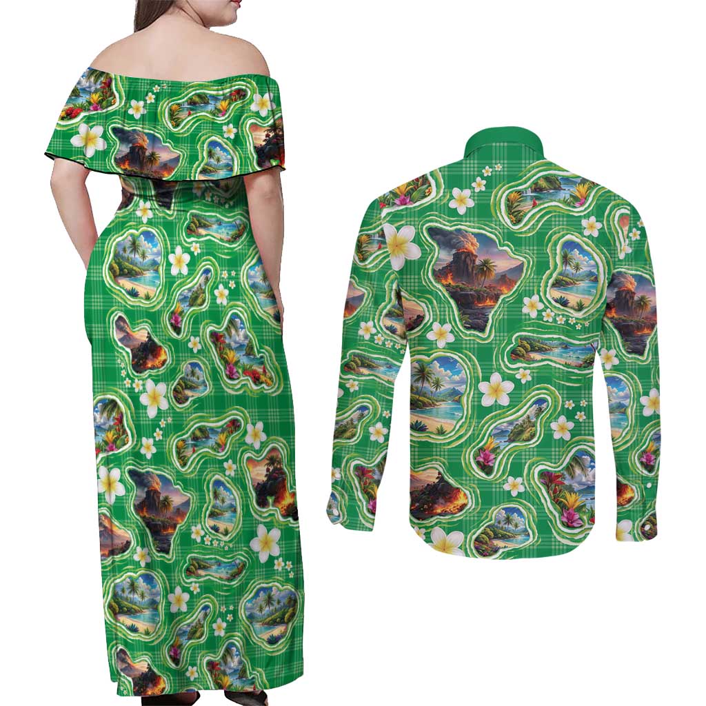Hawaii Map with Plumeria Flower and Palaka Pattern Couples Matching Off Shoulder Maxi Dress and Long Sleeve Button Shirt Tropical Island Green Design LT03 - Polynesian Pride