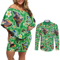 Hawaii Map with Plumeria Flower and Palaka Pattern Couples Matching Off Shoulder Short Dress and Long Sleeve Button Shirt Tropical Island Green Design LT03 Green - Polynesian Pride
