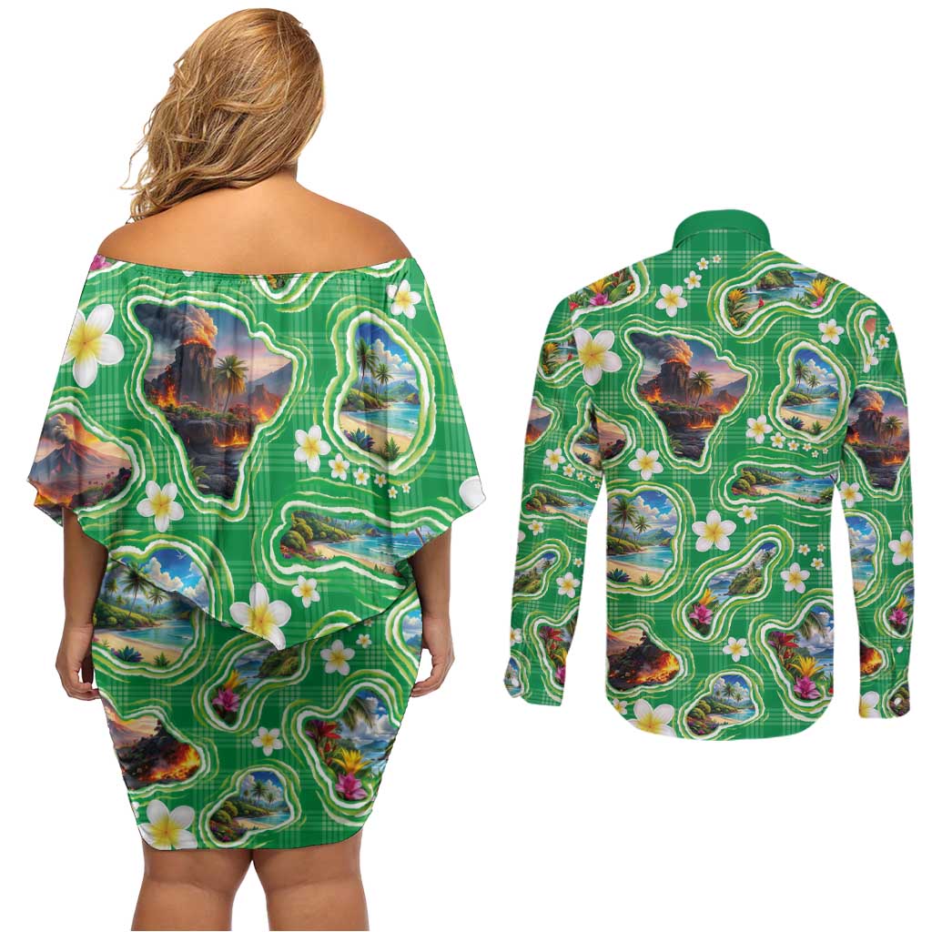 Hawaii Map with Plumeria Flower and Palaka Pattern Couples Matching Off Shoulder Short Dress and Long Sleeve Button Shirt Tropical Island Green Design LT03 - Polynesian Pride