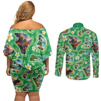 Hawaii Map with Plumeria Flower and Palaka Pattern Couples Matching Off Shoulder Short Dress and Long Sleeve Button Shirt Tropical Island Green Design LT03 - Polynesian Pride
