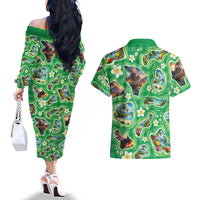 Hawaii Map with Plumeria Flower and Palaka Pattern Couples Matching Off The Shoulder Long Sleeve Dress and Hawaiian Shirt Tropical Island Green Design