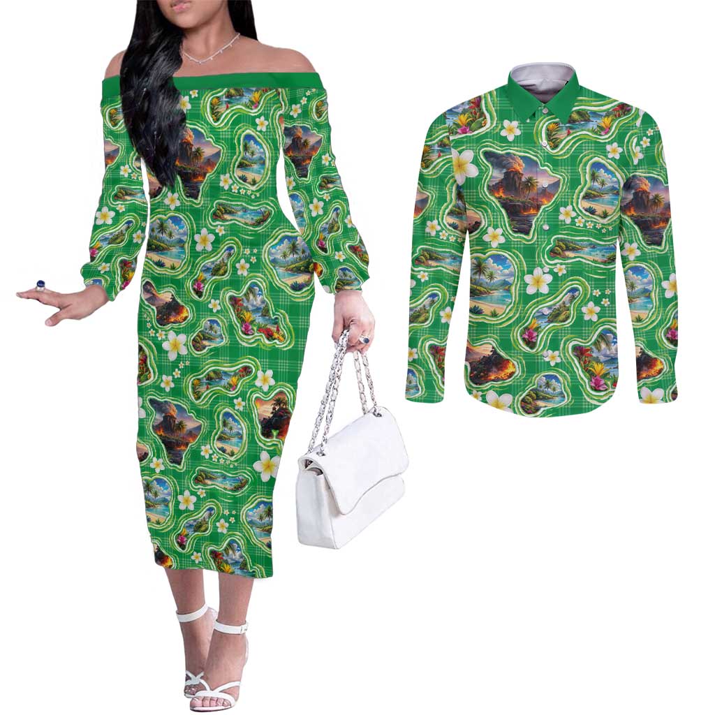 Hawaii Map with Plumeria Flower and Palaka Pattern Couples Matching Off The Shoulder Long Sleeve Dress and Long Sleeve Button Shirt Tropical Island Green Design