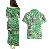Hawaii Map with Plumeria Flower and Palaka Pattern Couples Matching Puletasi and Hawaiian Shirt Tropical Island Green Design