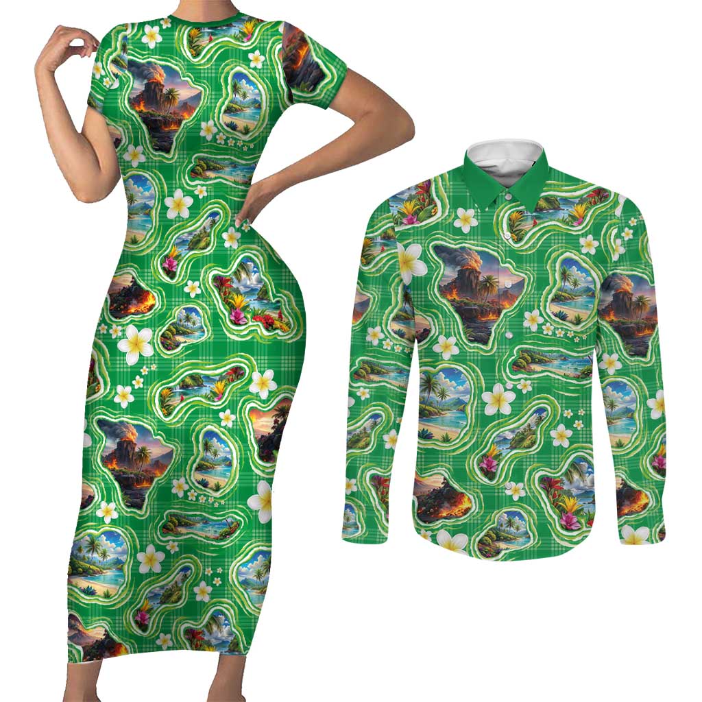 Hawaii Map with Plumeria Flower and Palaka Pattern Couples Matching Short Sleeve Bodycon Dress and Long Sleeve Button Shirt Tropical Island Green Design LT03 Green - Polynesian Pride