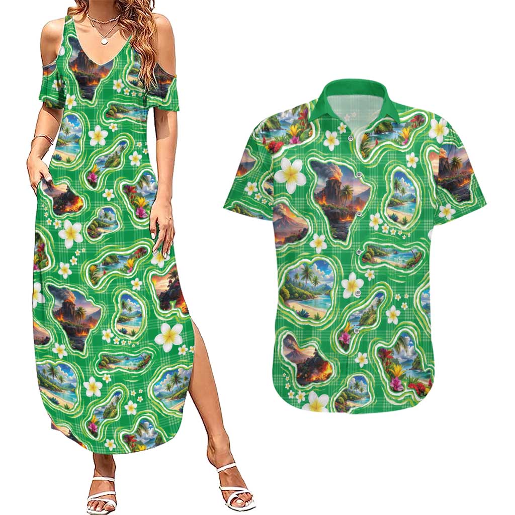 Hawaii Map with Plumeria Flower and Palaka Pattern Couples Matching Summer Maxi Dress and Hawaiian Shirt Tropical Island Green Design