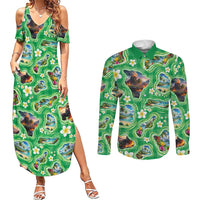 Hawaii Map with Plumeria Flower and Palaka Pattern Couples Matching Summer Maxi Dress and Long Sleeve Button Shirt Tropical Island Green Design LT03 Green - Polynesian Pride
