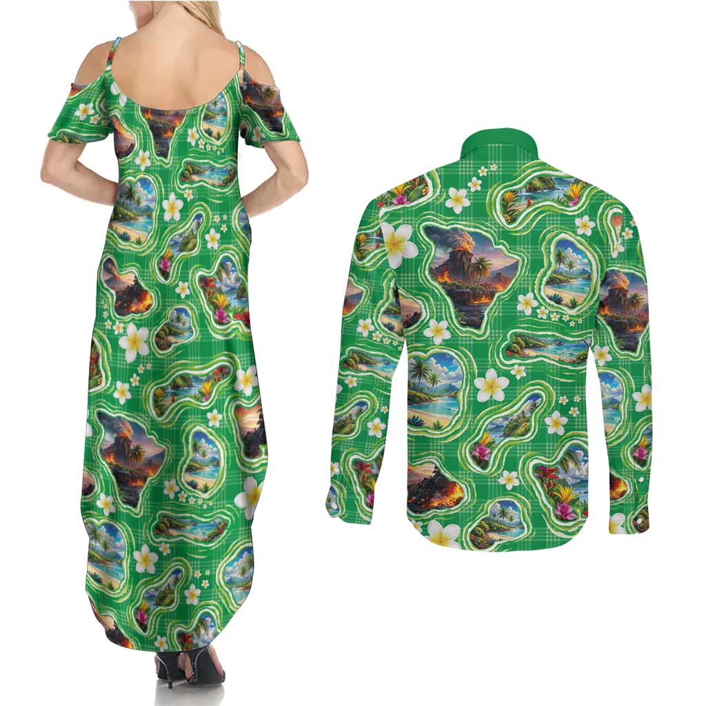 Hawaii Map with Plumeria Flower and Palaka Pattern Couples Matching Summer Maxi Dress and Long Sleeve Button Shirt Tropical Island Green Design LT03 - Polynesian Pride