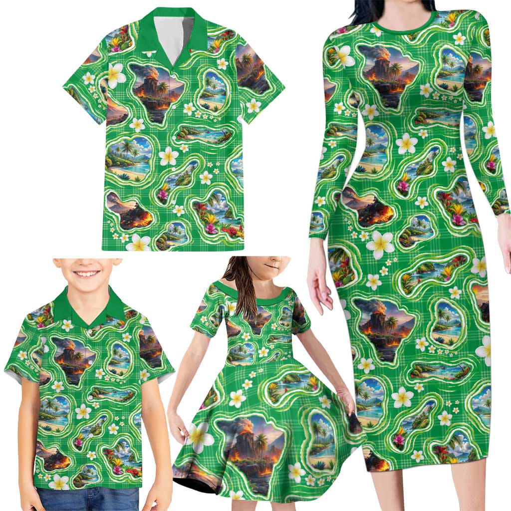 Hawaii Map with Plumeria Flower and Palaka Pattern Family Matching Long Sleeve Bodycon Dress and Hawaiian Shirt Tropical Island Green Design
