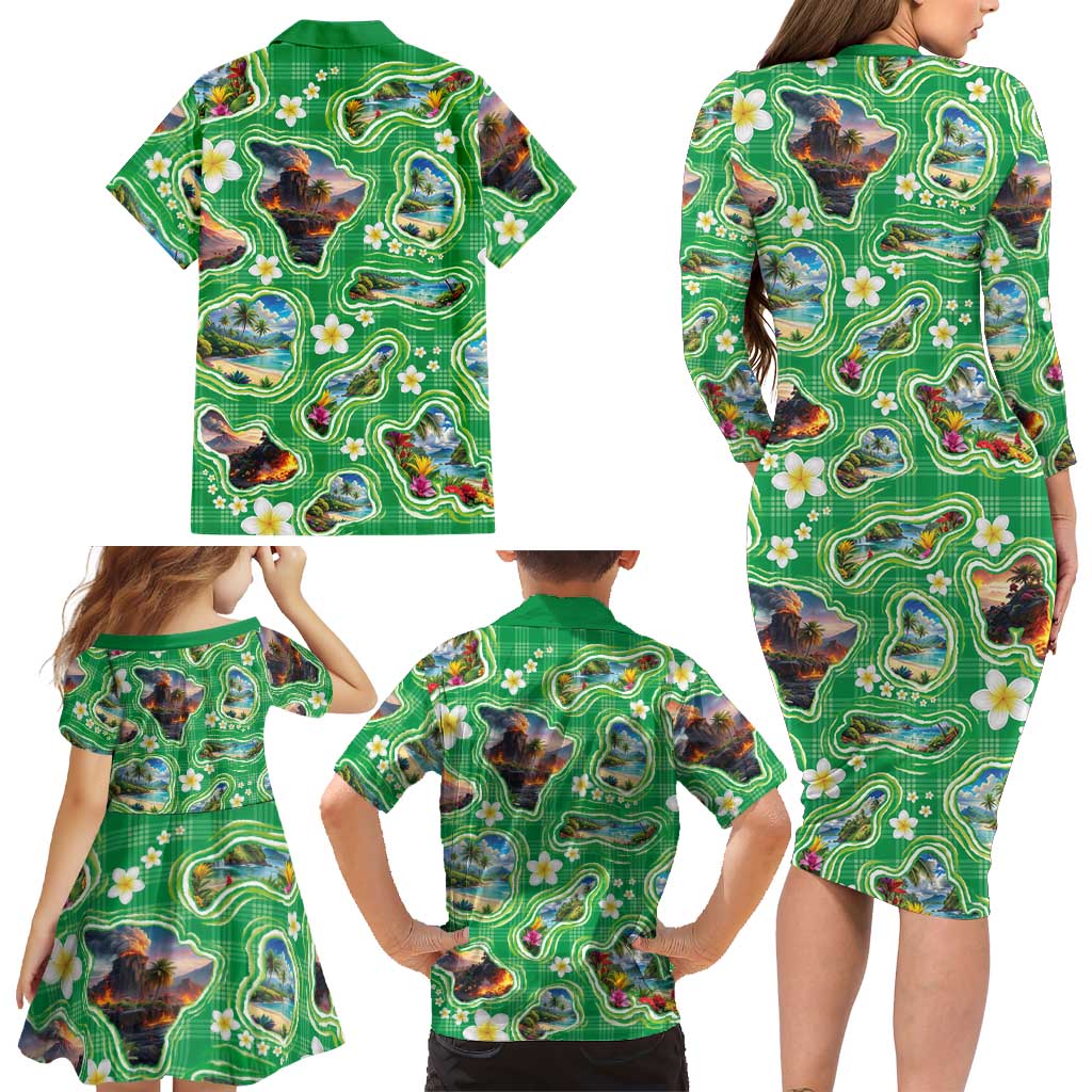 Hawaii Map with Plumeria Flower and Palaka Pattern Family Matching Long Sleeve Bodycon Dress and Hawaiian Shirt Tropical Island Green Design