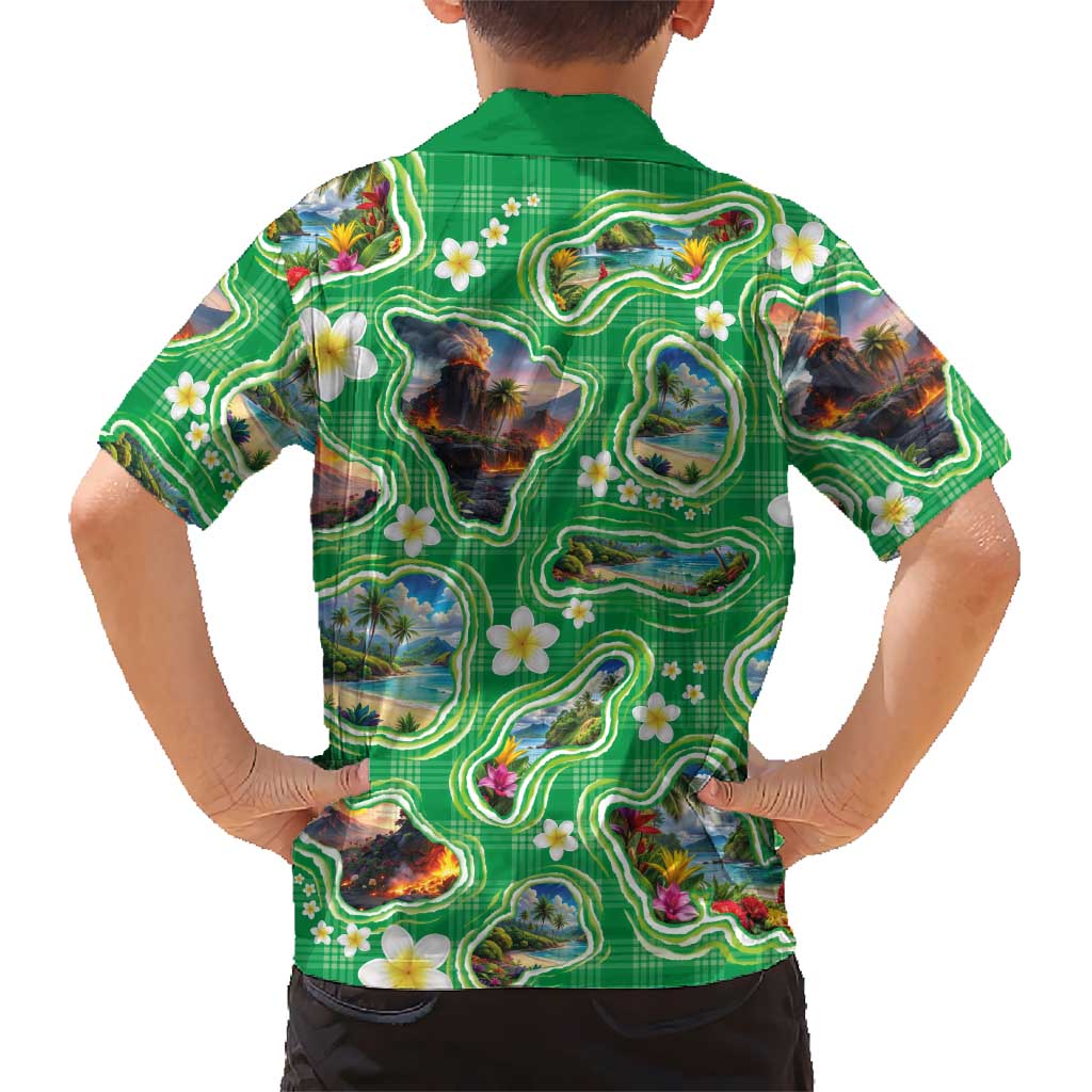 Hawaii Map with Plumeria Flower and Palaka Pattern Family Matching Mermaid Dress and Hawaiian Shirt Tropical Island Green Design LT03 - Polynesian Pride