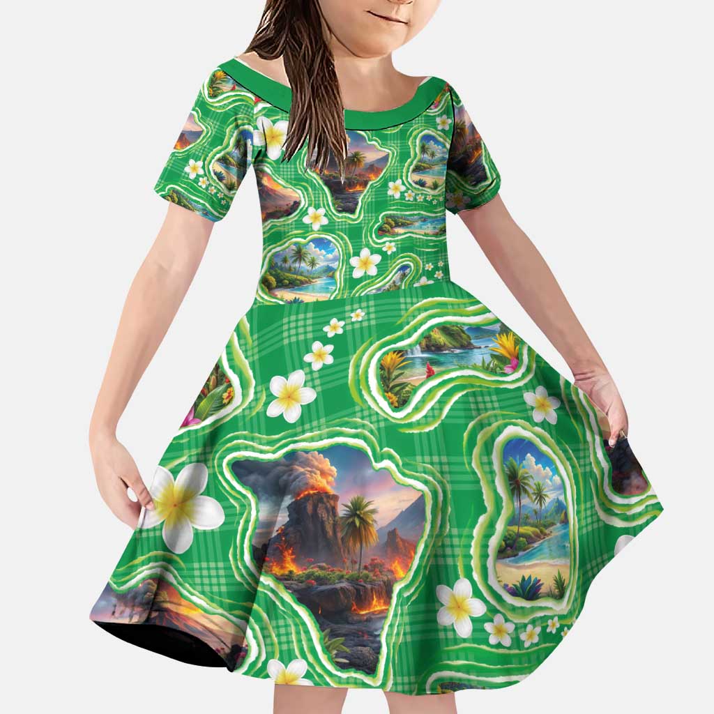 Hawaii Map with Plumeria Flower and Palaka Pattern Family Matching Mermaid Dress and Hawaiian Shirt Tropical Island Green Design LT03 Daughter's Dress Green - Polynesian Pride