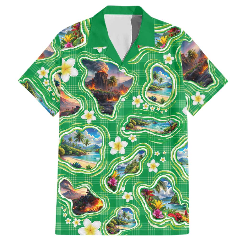 Hawaii Map with Plumeria Flower and Palaka Pattern Family Matching Mermaid Dress and Hawaiian Shirt Tropical Island Green Design LT03 Dad's Shirt - Short Sleeve Green - Polynesian Pride