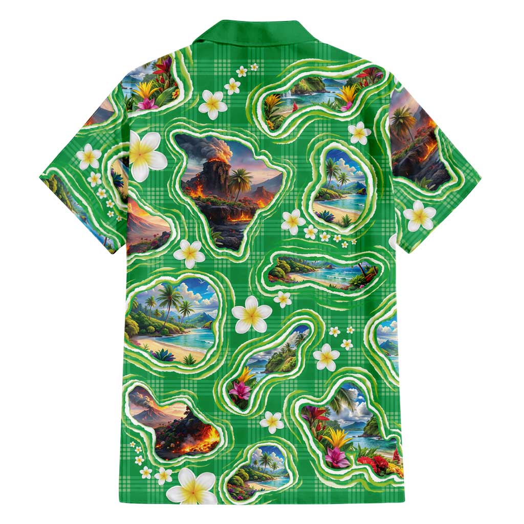 Hawaii Map with Plumeria Flower and Palaka Pattern Family Matching Mermaid Dress and Hawaiian Shirt Tropical Island Green Design LT03 - Polynesian Pride