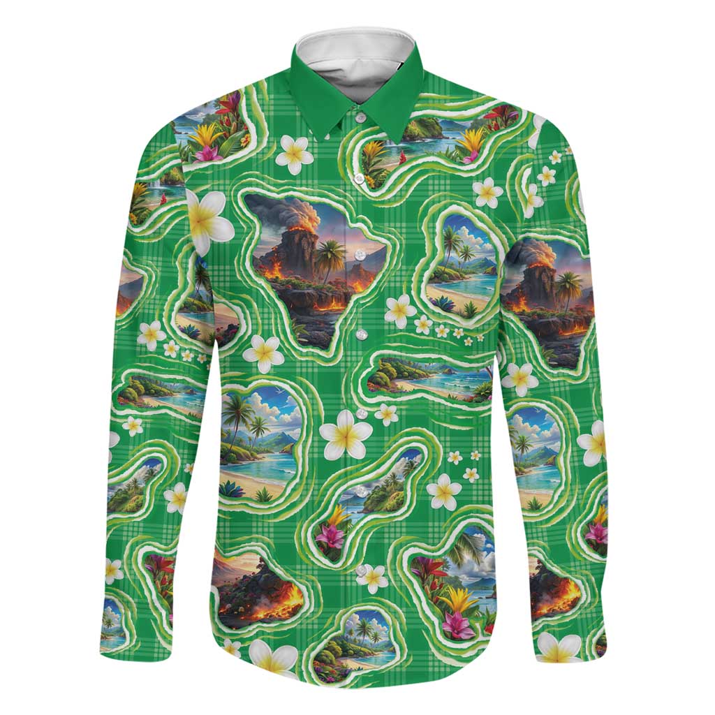 Hawaii Map with Plumeria Flower and Palaka Pattern Family Matching Mermaid Dress and Hawaiian Shirt Tropical Island Green Design LT03 Dad's Shirt - Long Sleeve Green - Polynesian Pride