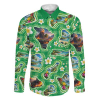 Hawaii Map with Plumeria Flower and Palaka Pattern Family Matching Mermaid Dress and Hawaiian Shirt Tropical Island Green Design LT03 Dad's Shirt - Long Sleeve Green - Polynesian Pride
