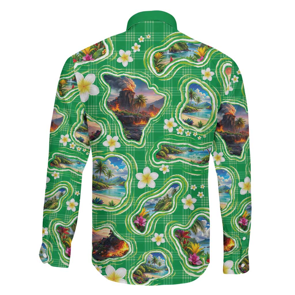 Hawaii Map with Plumeria Flower and Palaka Pattern Family Matching Mermaid Dress and Hawaiian Shirt Tropical Island Green Design LT03 - Polynesian Pride