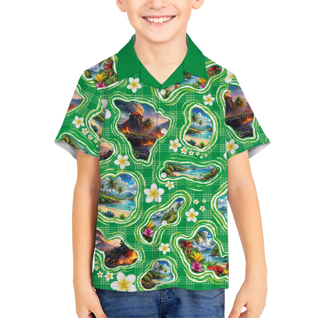 Hawaii Map with Plumeria Flower and Palaka Pattern Family Matching Mermaid Dress and Hawaiian Shirt Tropical Island Green Design LT03 Son's Shirt Green - Polynesian Pride