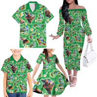 Hawaii Map with Plumeria Flower and Palaka Pattern Family Matching Off The Shoulder Long Sleeve Dress and Hawaiian Shirt Tropical Island Green Design