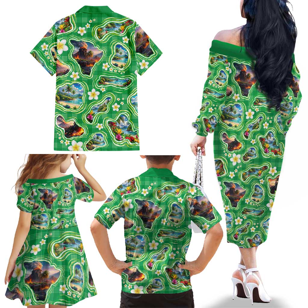Hawaii Map with Plumeria Flower and Palaka Pattern Family Matching Off The Shoulder Long Sleeve Dress and Hawaiian Shirt Tropical Island Green Design