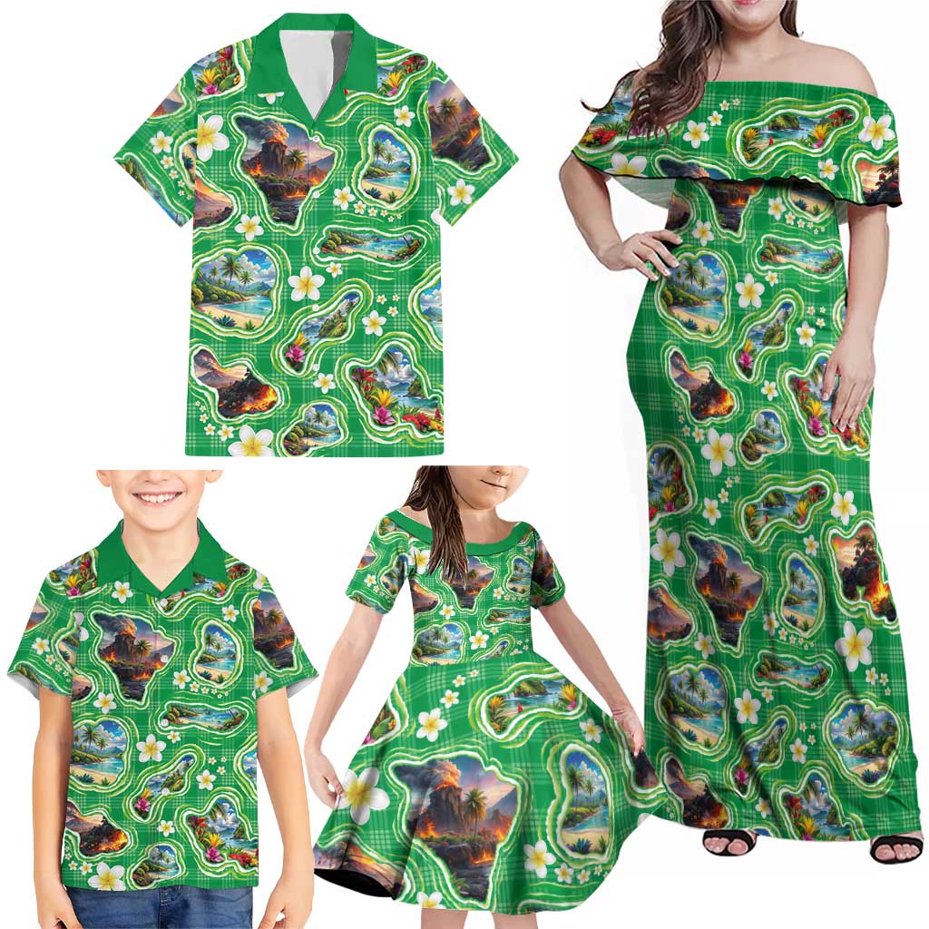 Hawaii Map with Plumeria Flower and Palaka Pattern Family Matching Off Shoulder Maxi Dress and Hawaiian Shirt Tropical Island Green Design