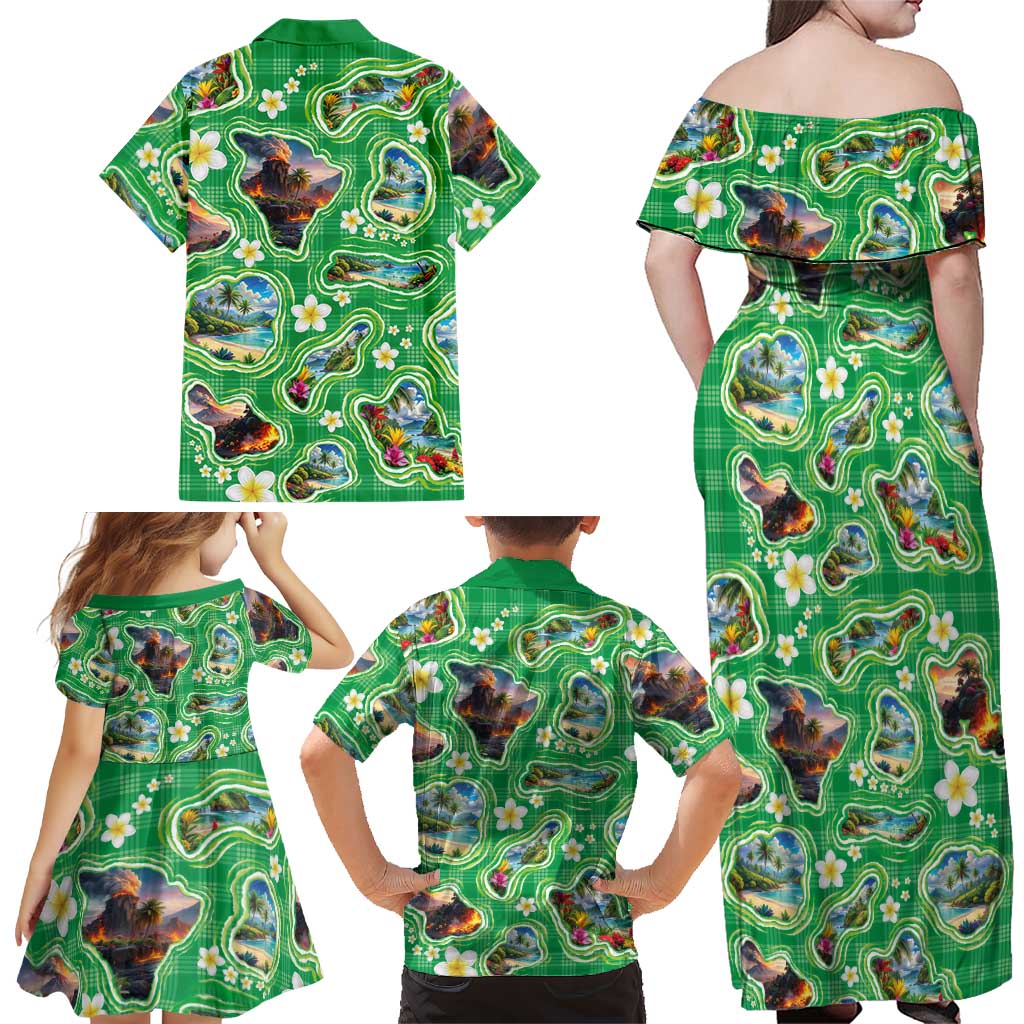 Hawaii Map with Plumeria Flower and Palaka Pattern Family Matching Off Shoulder Maxi Dress and Hawaiian Shirt Tropical Island Green Design