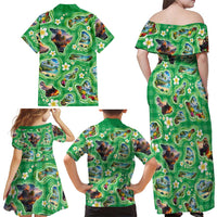 Hawaii Map with Plumeria Flower and Palaka Pattern Family Matching Off Shoulder Maxi Dress and Hawaiian Shirt Tropical Island Green Design