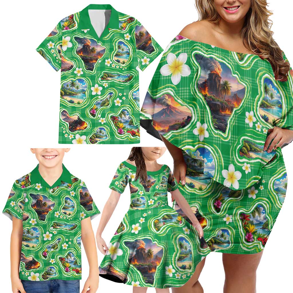 Hawaii Map with Plumeria Flower and Palaka Pattern Family Matching Off Shoulder Short Dress and Hawaiian Shirt Tropical Island Green Design